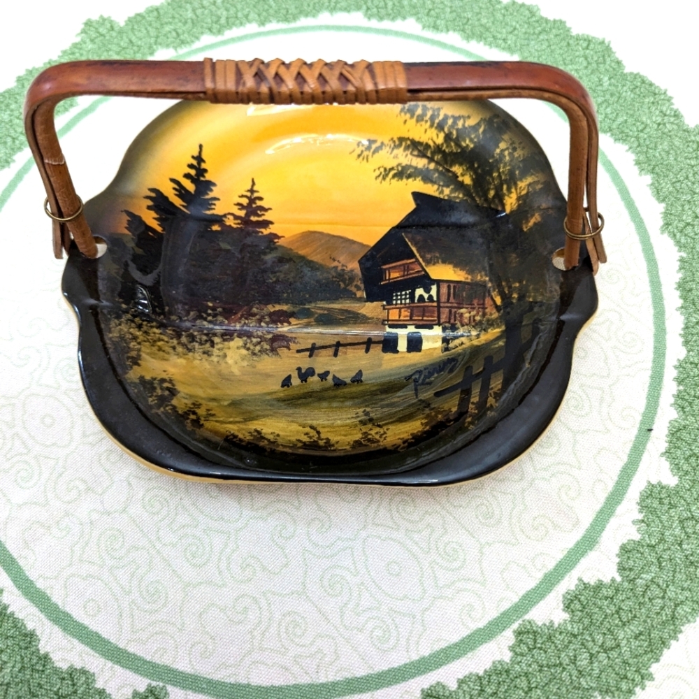 Vintage Hand painted in Germany serving plate with rattan handle. EUC . Cottage.